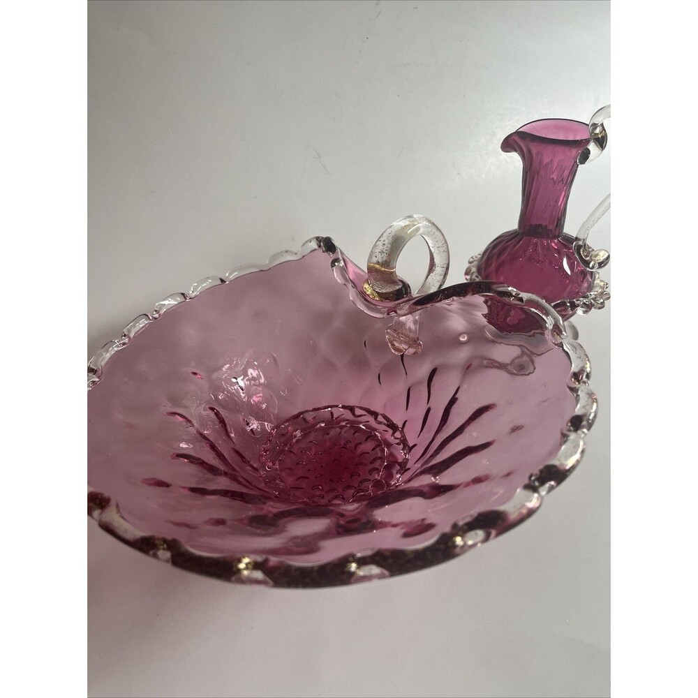 EUC MCM Murano Cranberry Art Glass Gold Tidbit Bowl Candy mini vase sticker Set